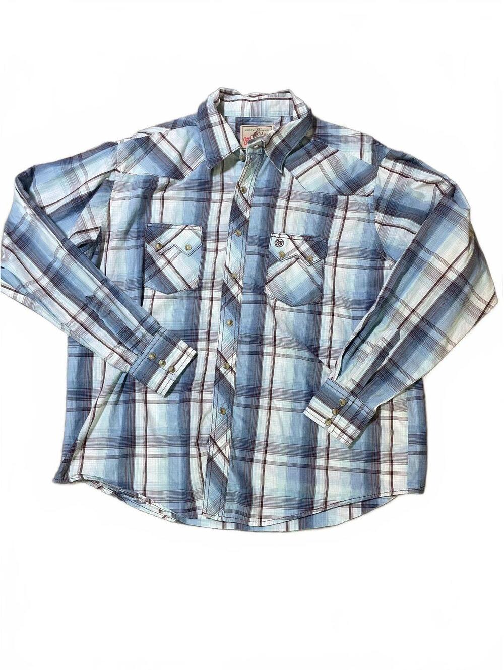 Wrangler Blue and Brown Plaid Pearl Snap Button Down Long Sleeve Mens Large